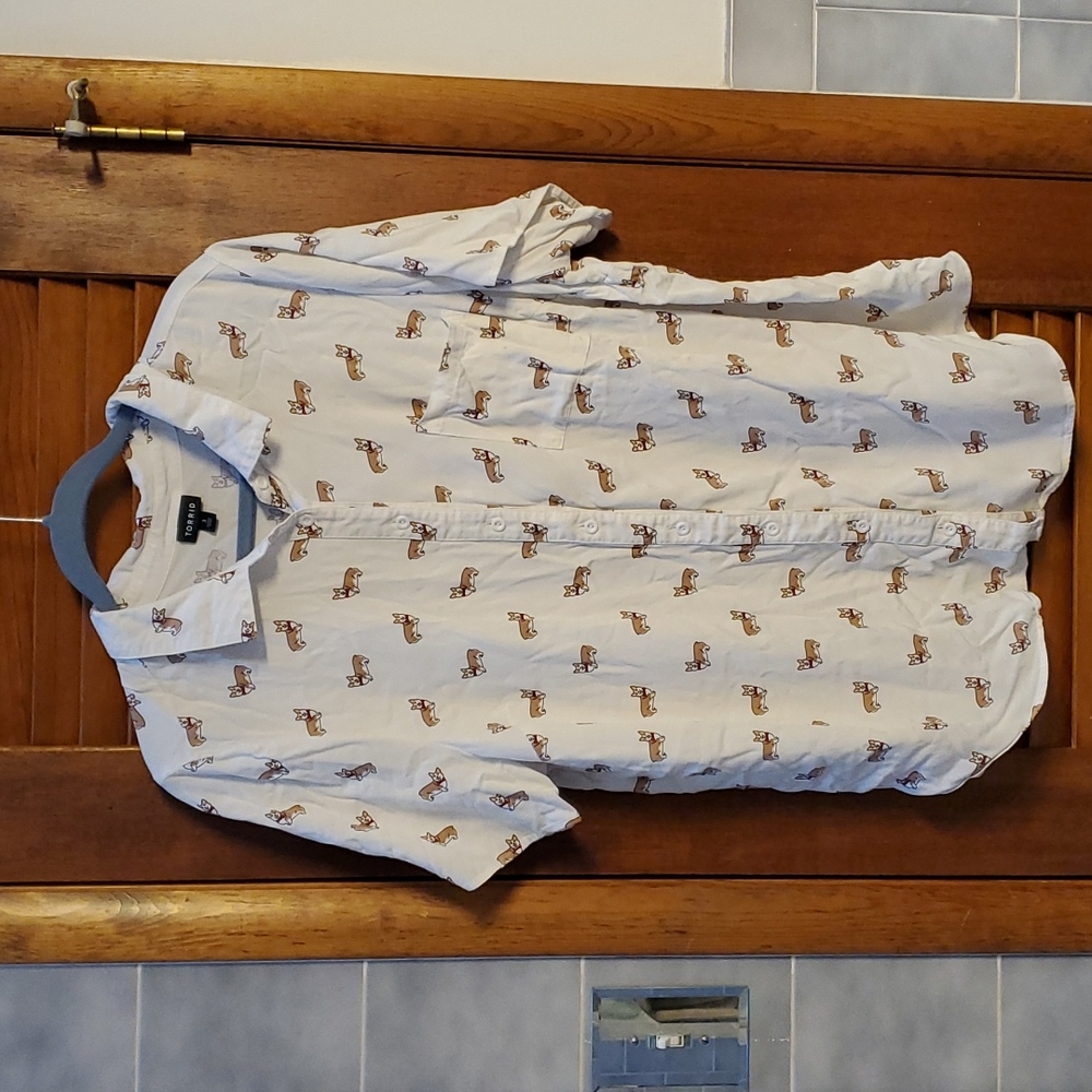 Torrid Cream Button Down Shirt with Dog Pattern
